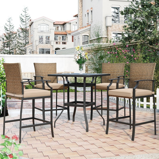 Outdoor Patio Rattan Counter Height Dining Table Set with 4 Dining Chairs and Cushions