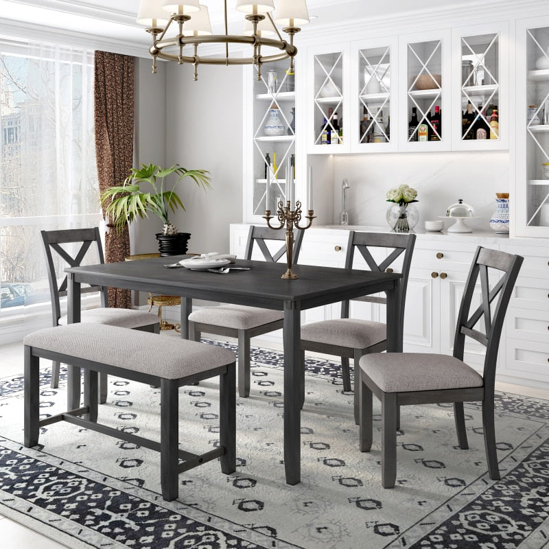 6 piece Grey Wooden Rectangular Dining Table Set, 4 Dining Chair and Bench