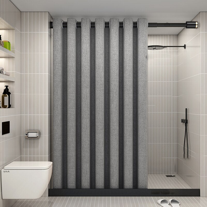 Modern Shower Curtains Thick Linen Waterproof Fabric Solid Color Bath Curtain and Luxury Hooks