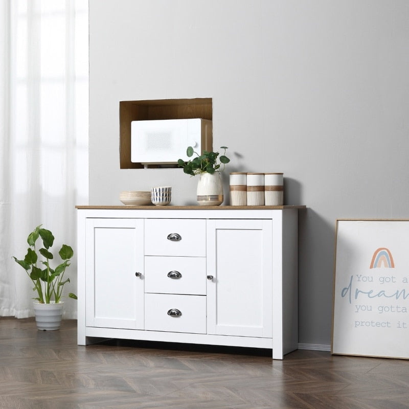 White Modern Kitchen Sideboard with Adjustable Shelves, Dining Buffet Cabinet with 3 Storage Drawers