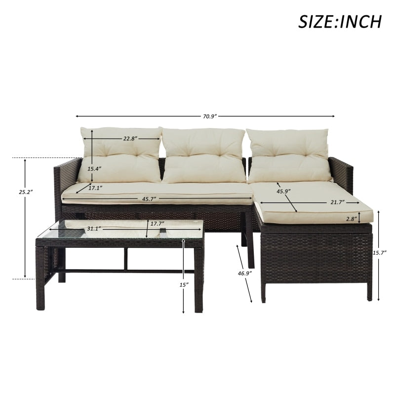 Outdoor Rattan Sofa Set, Loveseat, Coffee Table, Easy Assembly