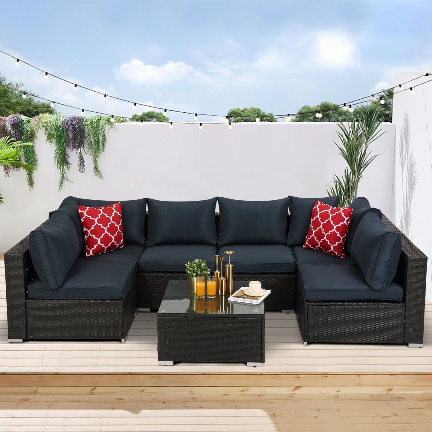 Patio Furniture 7-Piece Wicker Sectional Cushioned Sofa Sets with 2 Pillows and Coffee Table