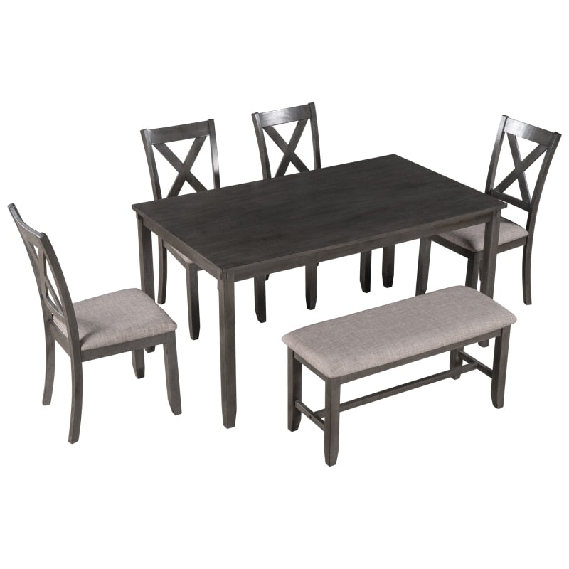 6 piece Grey Wooden Rectangular Dining Table Set, 4 Dining Chair and Bench