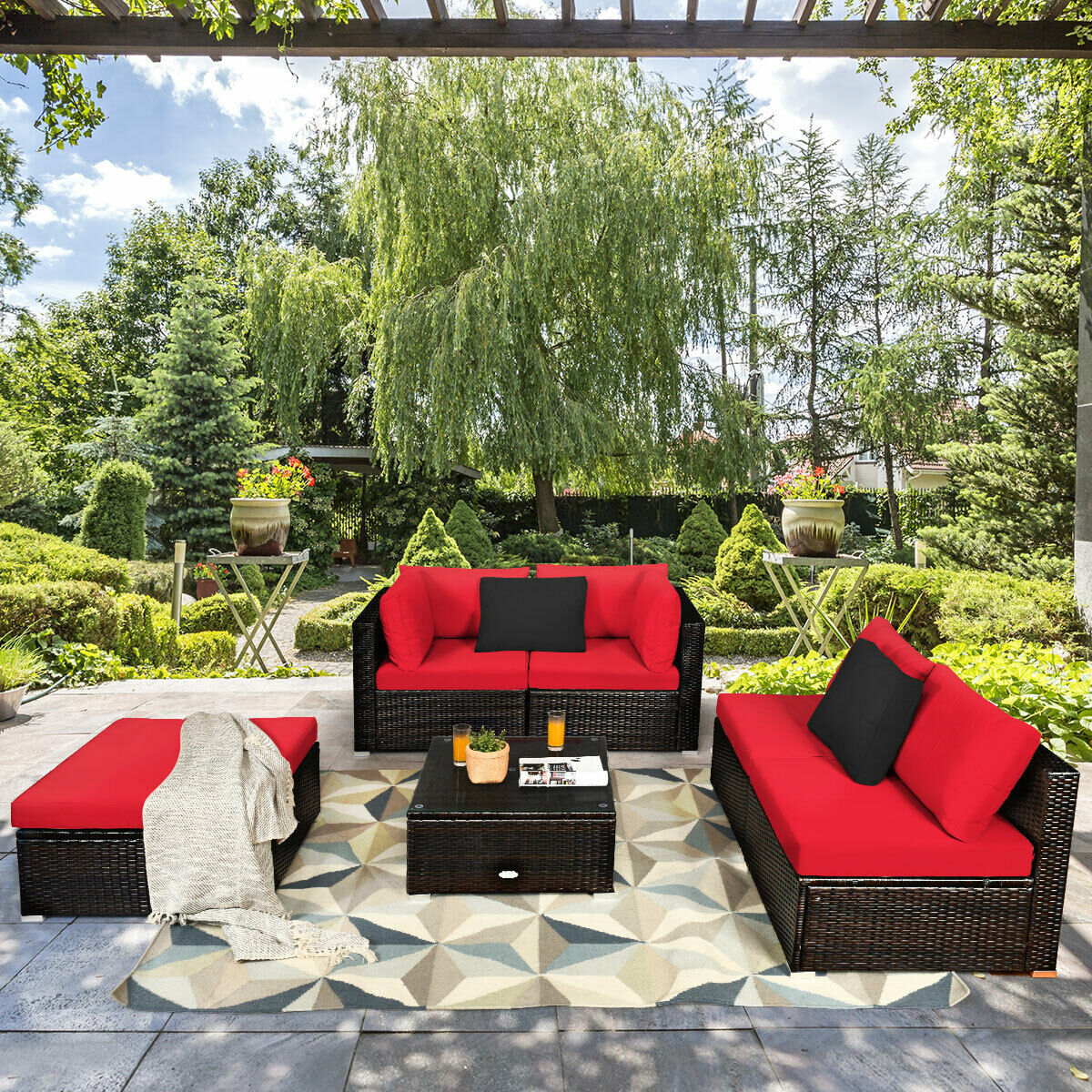 Red Outdoor All Weather Rattan Sectional Sofa Couch with Coffee Table