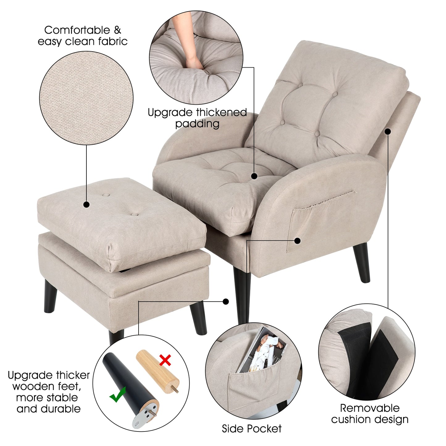 Accent Chair with Ottoman Storage and Adjustable Backrest