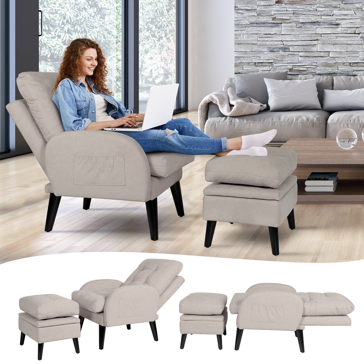 Accent Chair with Ottoman Storage and Adjustable Backrest