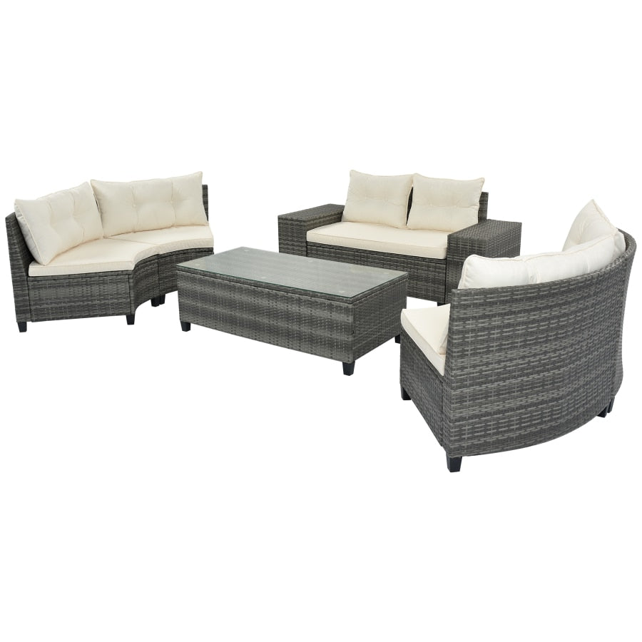 6 piece, All Weather Wicker Curved Sofa Set, With Rectangular Coffee Table