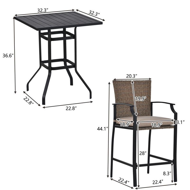 Outdoor Patio Rattan Counter Height Dining Table Set with 4 Dining Chairs and Cushions