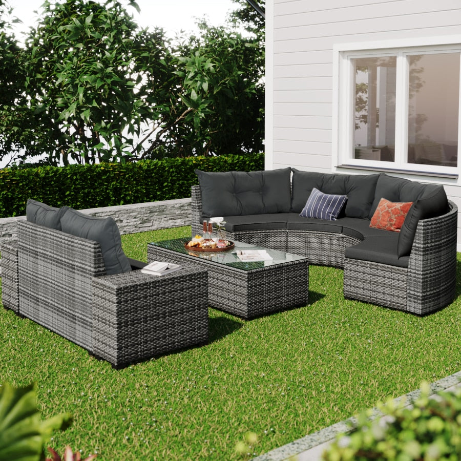 6 piece, All Weather Wicker Curved Sofa Set, With Rectangular Coffee Table