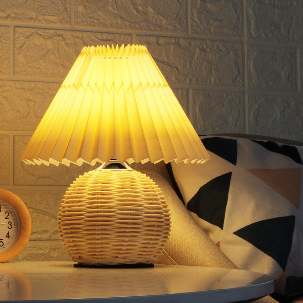 Bedside Vintage Korean Rattan Table Lamps with USB Creative Pleats