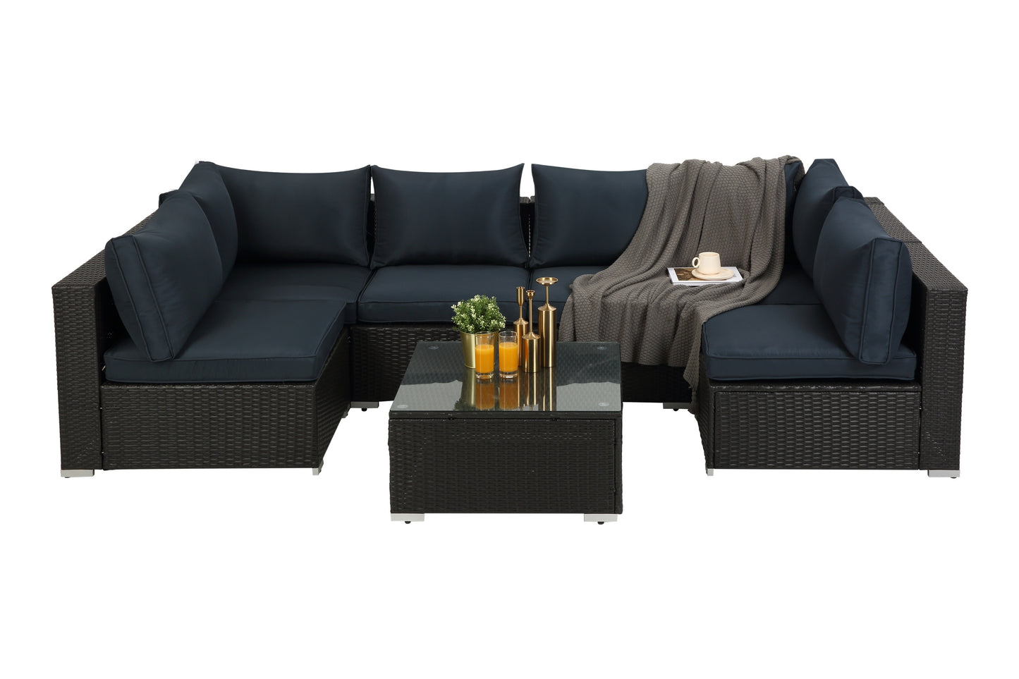 Patio Furniture 7-Piece Wicker Sectional Cushioned Sofa Sets with 2 Pillows and Coffee Table