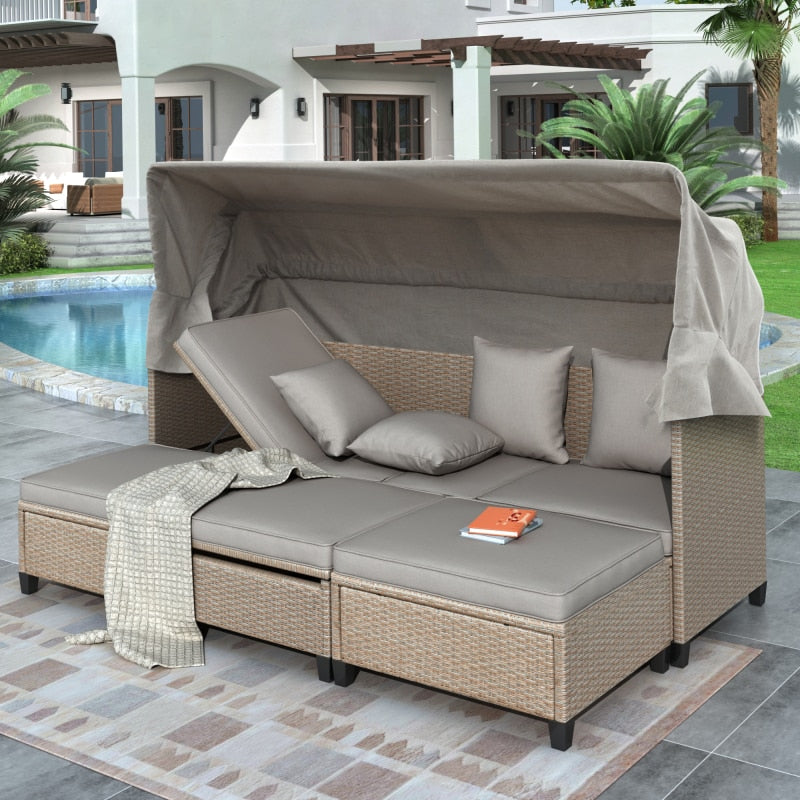 Outdoor UV-Proof Resin Wicker Patio Sofa Set with Retractable Canopy, Cushions and Lifting Table