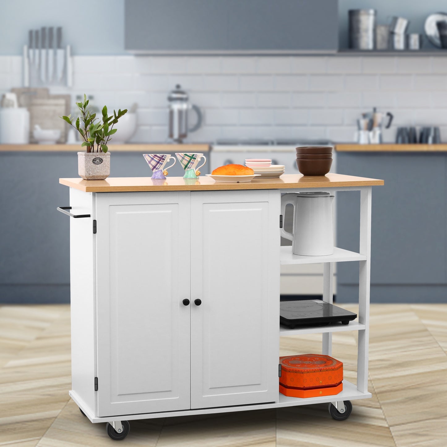 Kitchen Island Cart Wood With Large Cabinet Towel Rack Kitchen And Dining Room Furniture