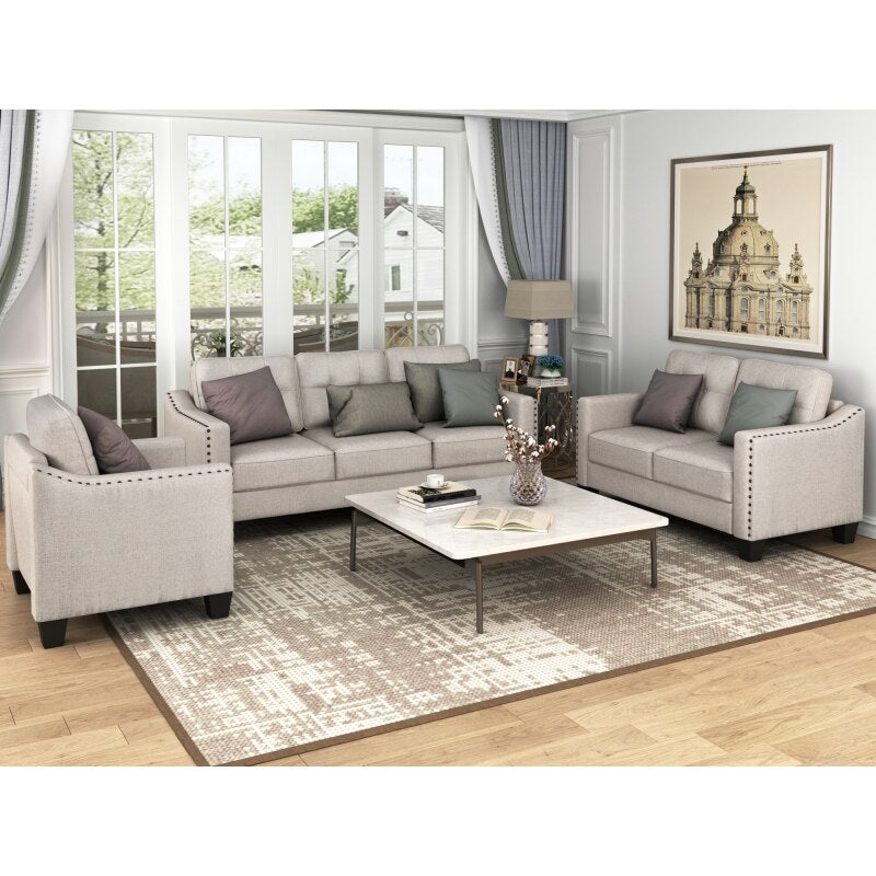 3 Piece Living Room Set with Tufted Back Cushions