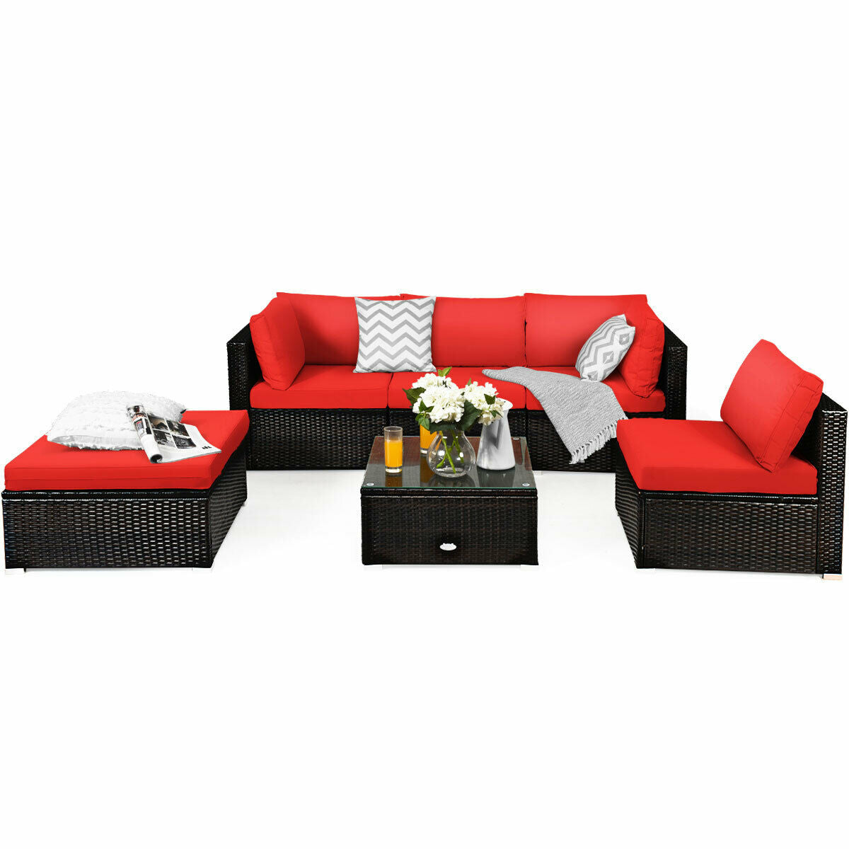 Red Outdoor All Weather Rattan Sectional Sofa Couch with Coffee Table