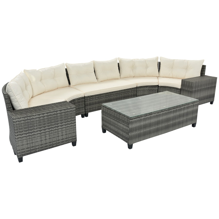 6 piece, All Weather Wicker Curved Sofa Set, With Rectangular Coffee Table