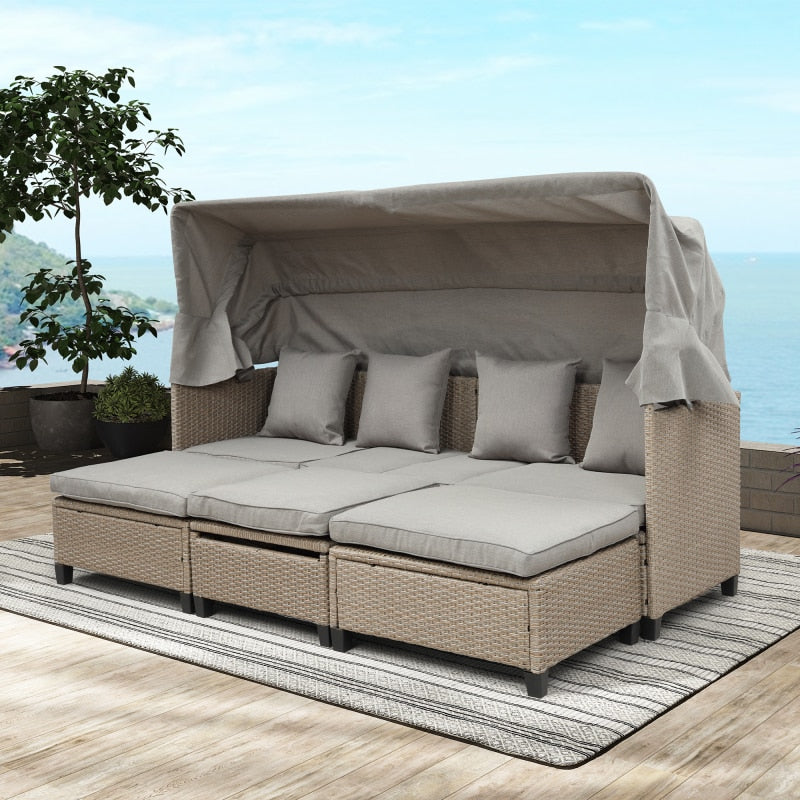 Outdoor UV-Proof Resin Wicker Patio Sofa Set with Retractable Canopy, Cushions and Lifting Table