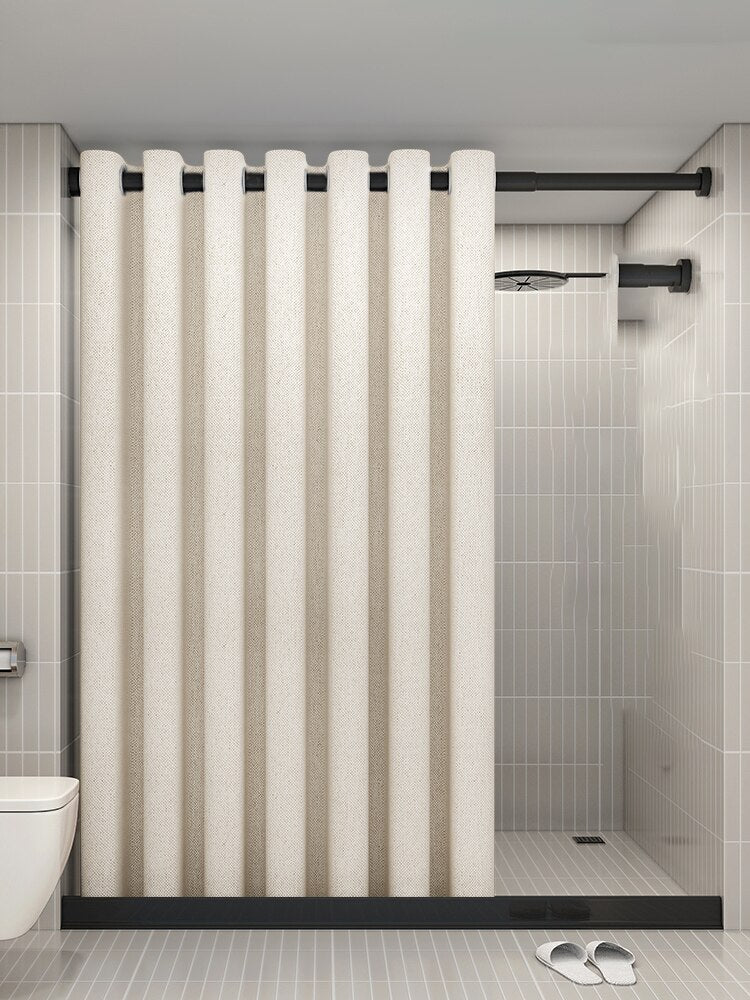 Modern Shower Curtains Thick Linen Waterproof Fabric Solid Color Bath Curtain and Luxury Hooks