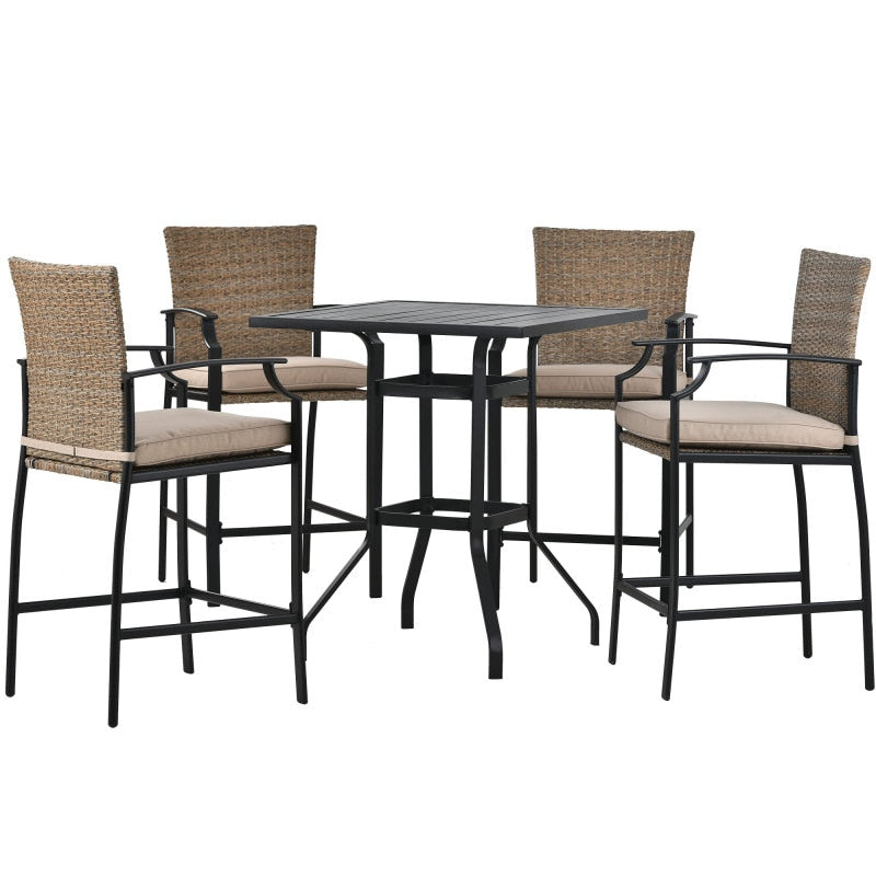 Outdoor Patio Rattan Counter Height Dining Table Set with 4 Dining Chairs and Cushions