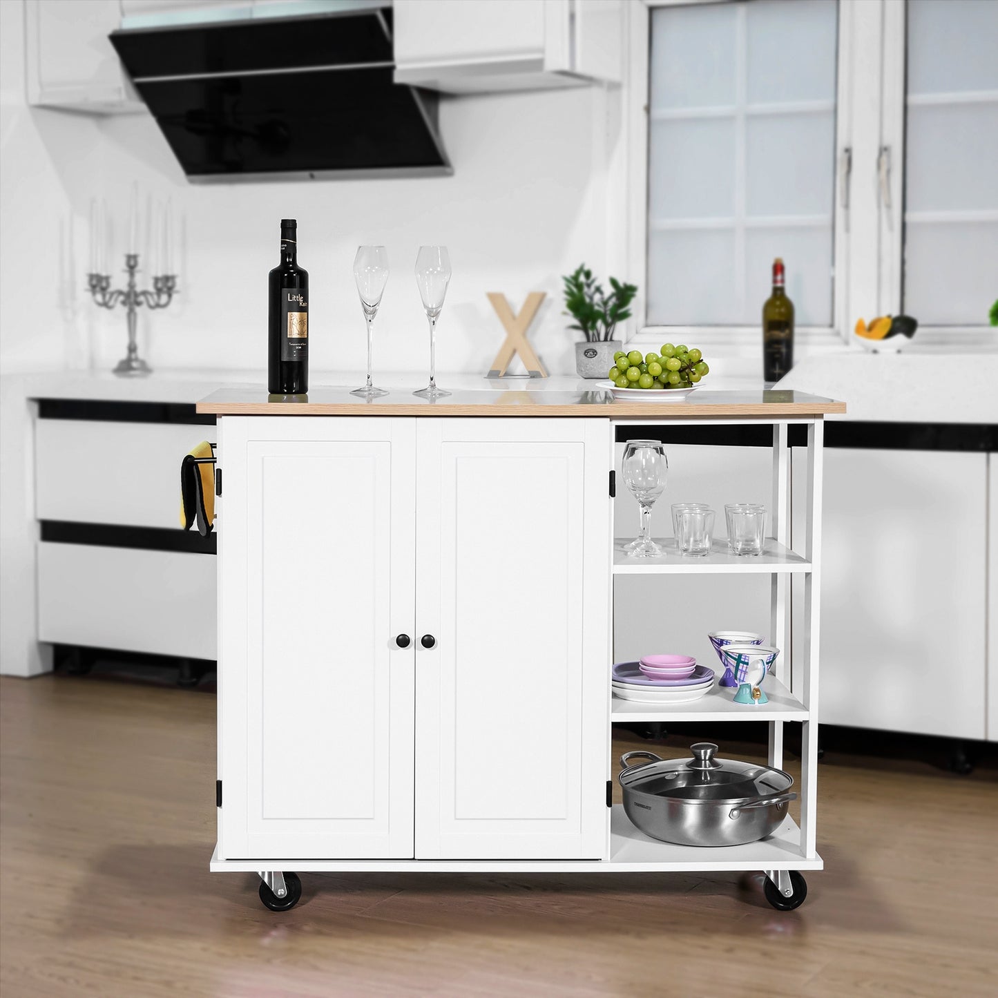 Kitchen Island Cart Wood With Large Cabinet Towel Rack Kitchen And Dining Room Furniture