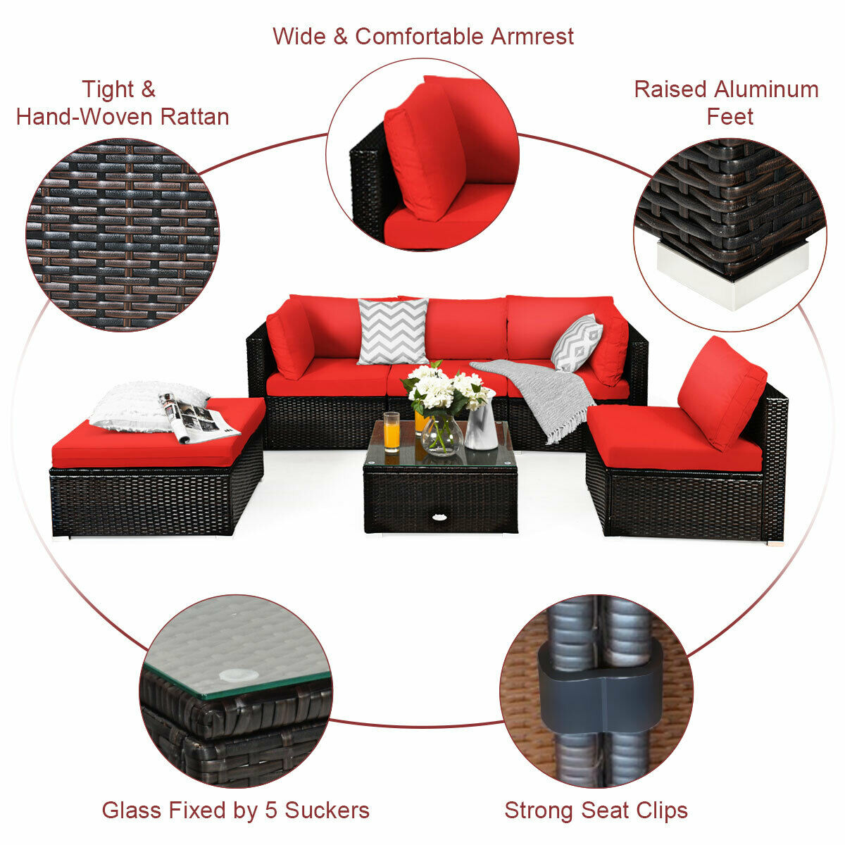 Red Outdoor All Weather Rattan Sectional Sofa Couch with Coffee Table