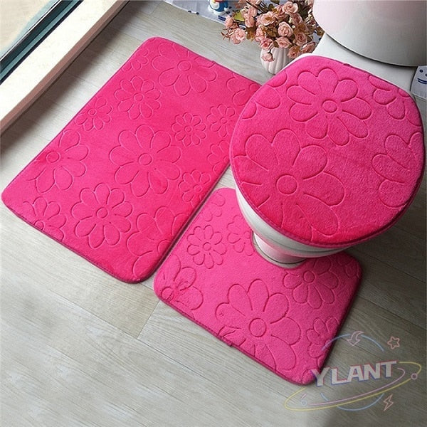 3Pcs Red Bathroom Mat Set Floor Rugs