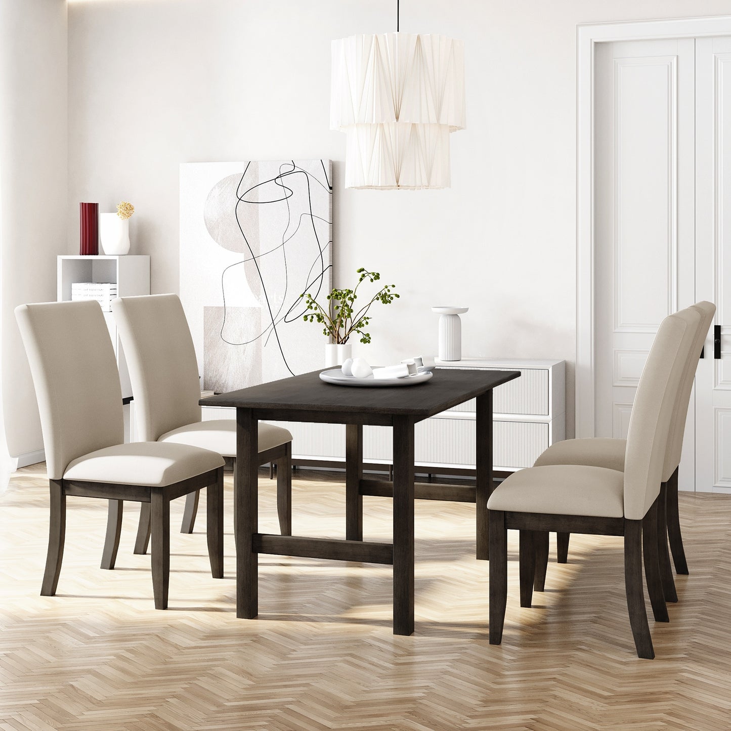 5Piece Wood Dining Table Set For 4 Kitchen Upholstered Dining Chairs