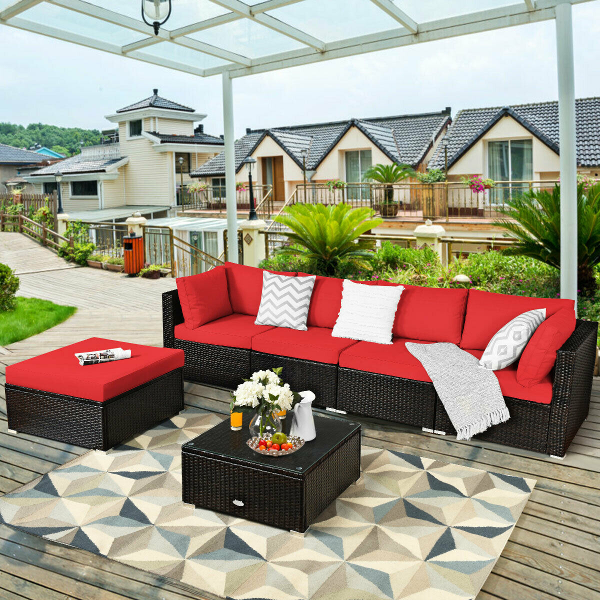 Red Outdoor All Weather Rattan Sectional Sofa Couch with Coffee Table