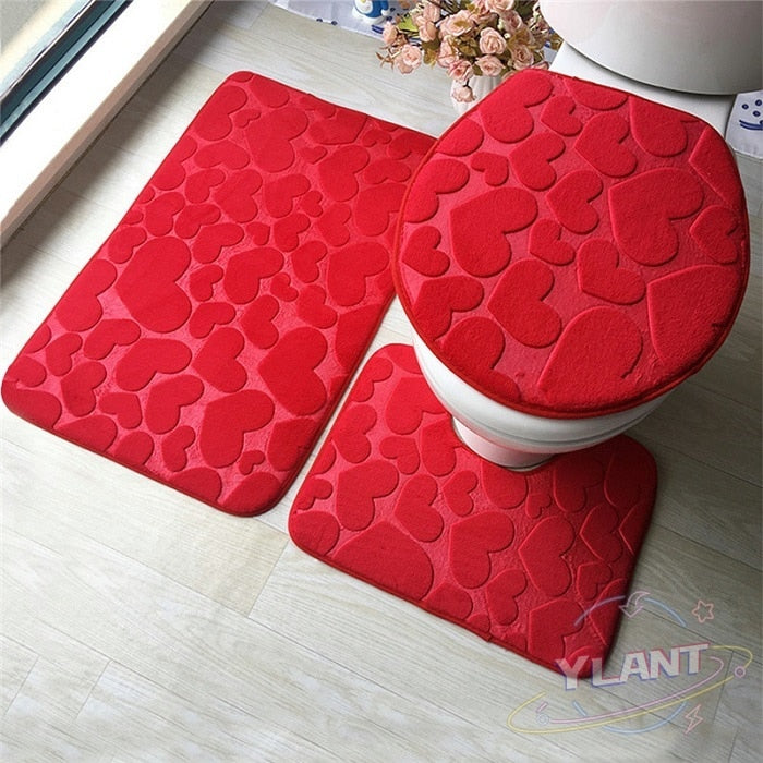 3Pcs Red Bathroom Mat Set Floor Rugs