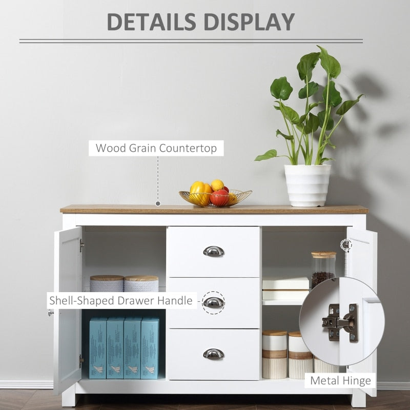 White Modern Kitchen Sideboard with Adjustable Shelves, Dining Buffet Cabinet with 3 Storage Drawers