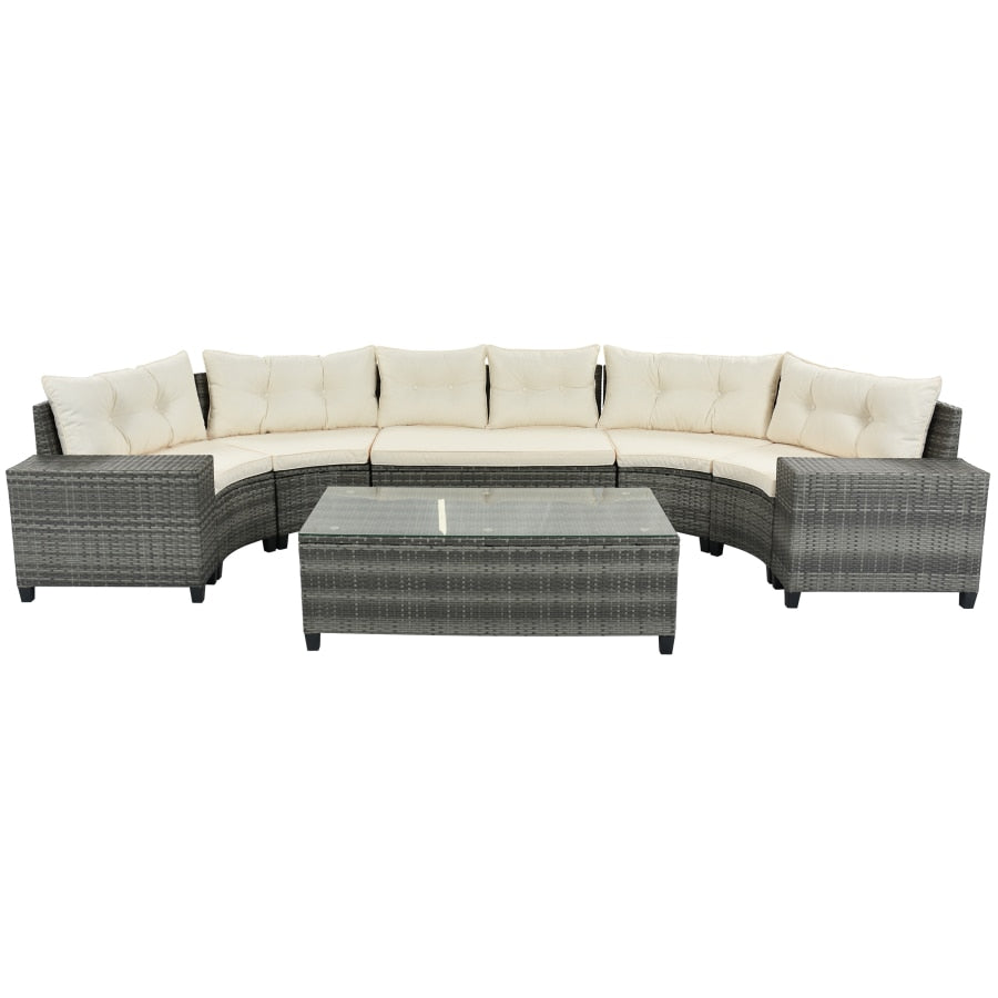 6 piece, All Weather Wicker Curved Sofa Set, With Rectangular Coffee Table