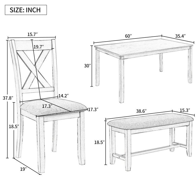 6 piece Grey Wooden Rectangular Dining Table Set, 4 Dining Chair and Bench