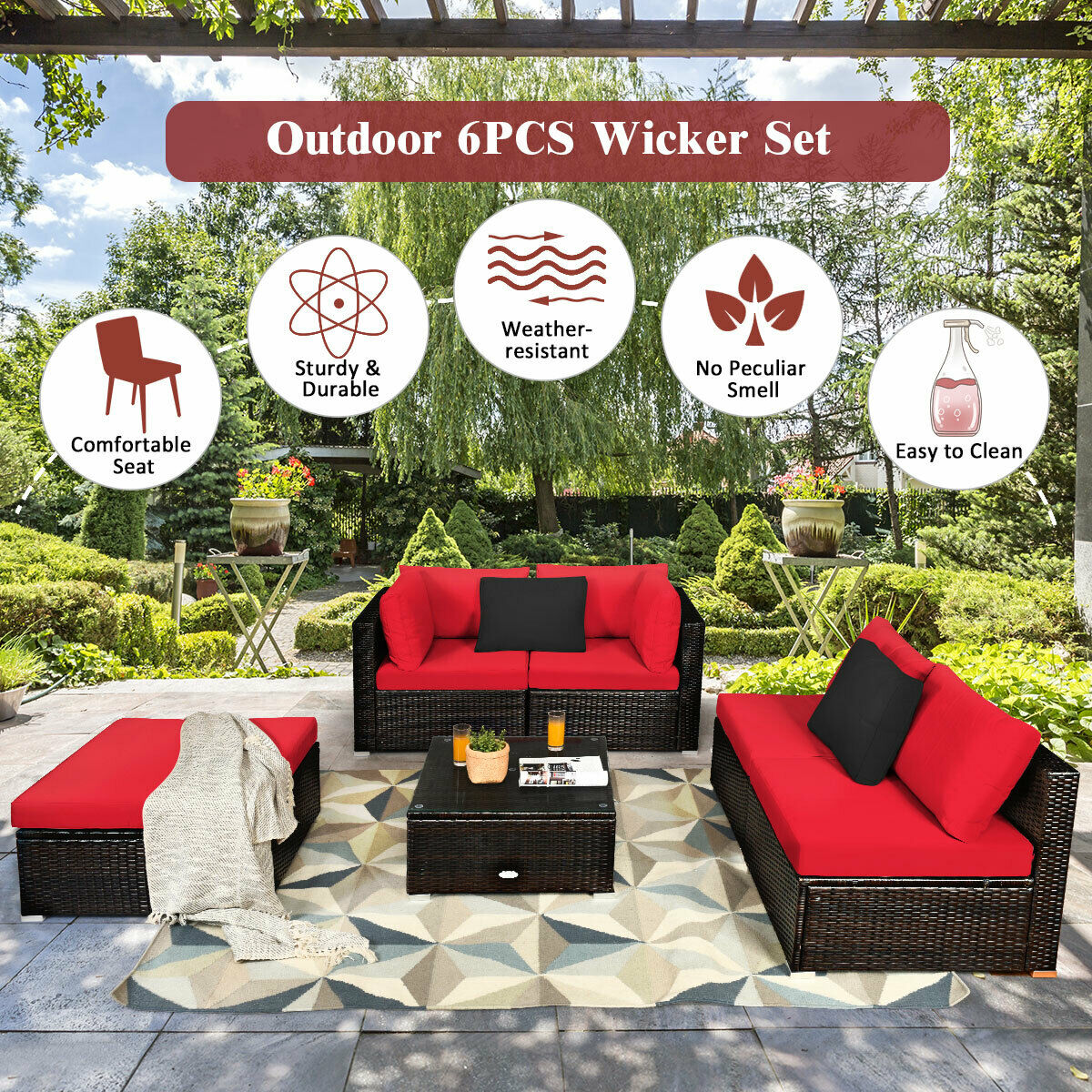 Red Outdoor All Weather Rattan Sectional Sofa Couch with Coffee Table