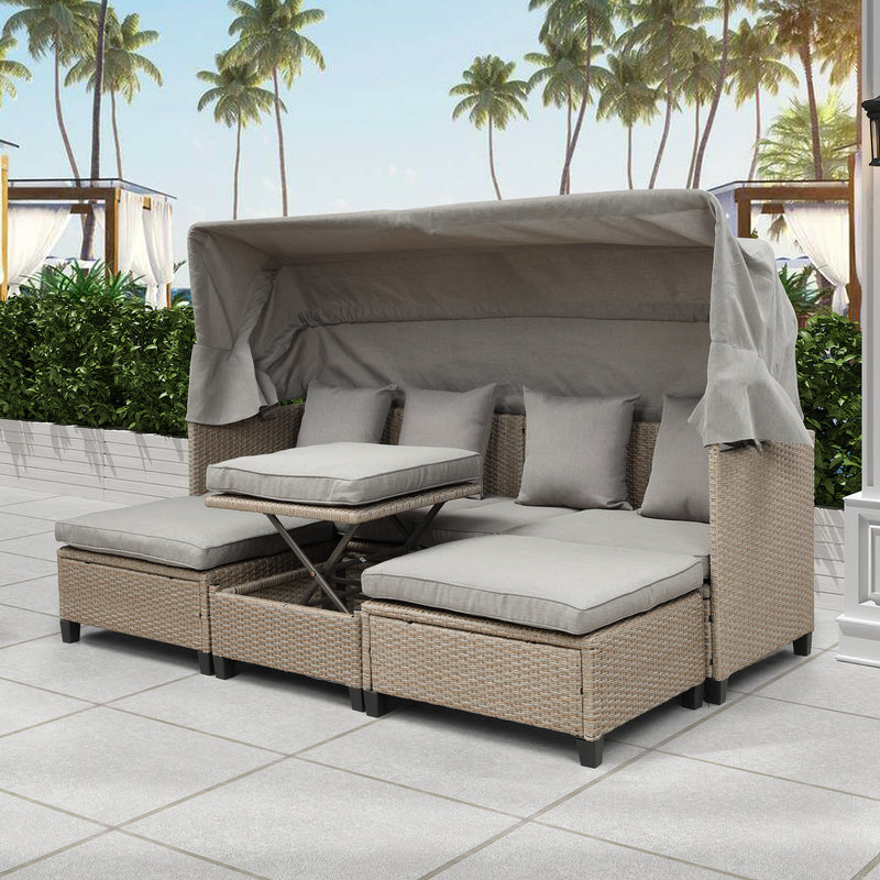 Outdoor UV-Proof Resin Wicker Patio Sofa Set with Retractable Canopy, Cushions and Lifting Table