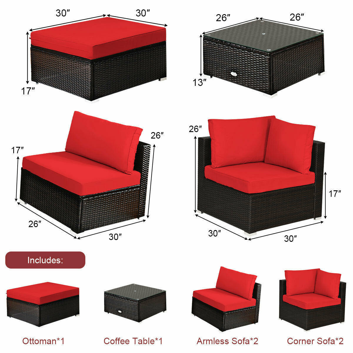 Red Outdoor All Weather Rattan Sectional Sofa Couch with Coffee Table