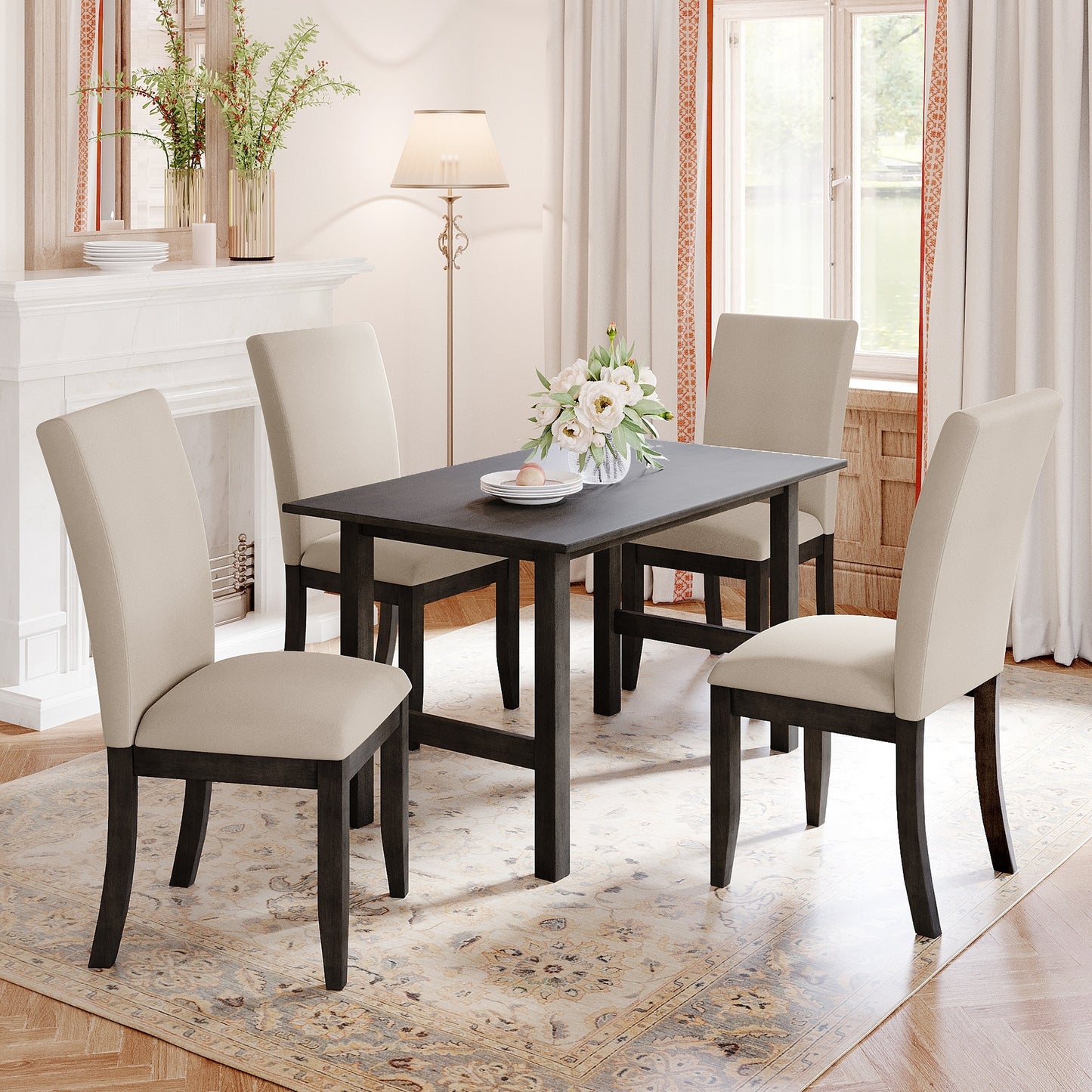 5Piece Wood Dining Table Set For 4 Kitchen Upholstered Dining Chairs