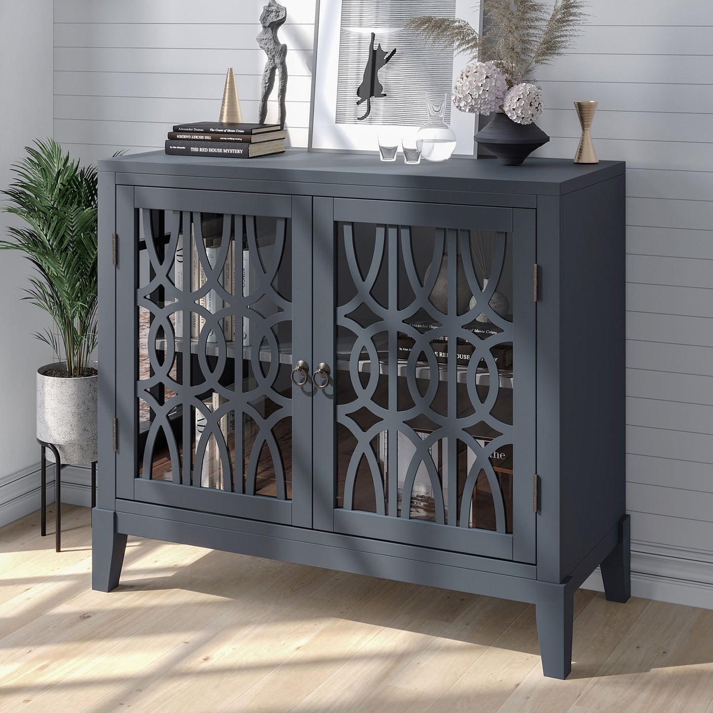 Wood Accent Buffet Sideboard Storage Cabinet With Doors And Adjustable Shelf