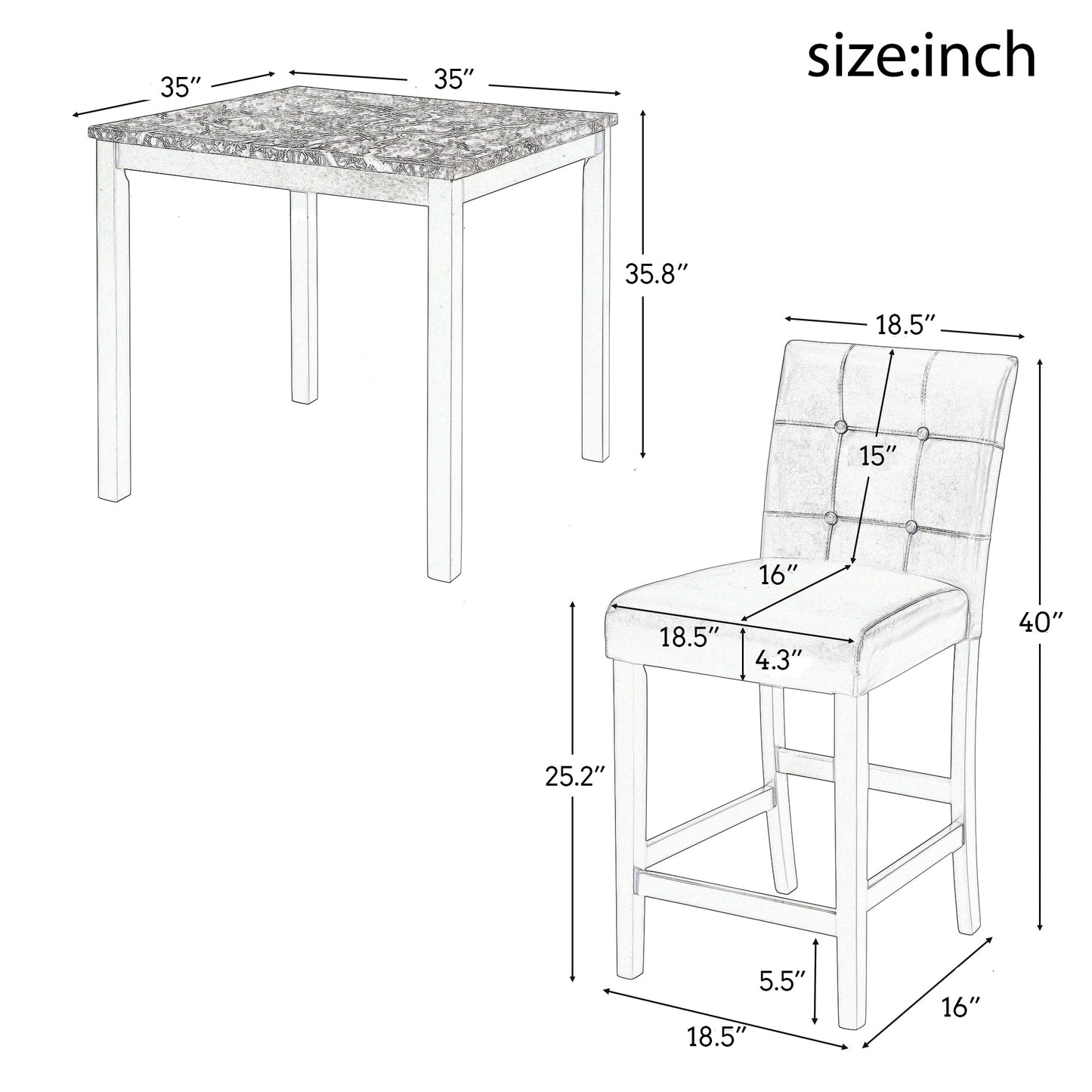 Kitchen Table Set Marble Top Counter Height Dining Table Set with 4 Leather-Upholstered Chairs