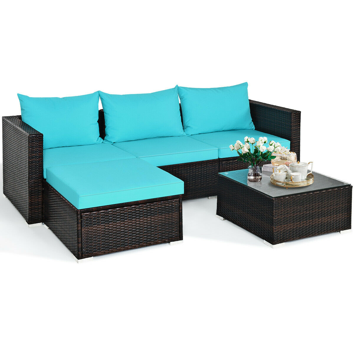 5 Piece Patio Rattan Furniture Set Sectional Sofa w/ Coffee Table