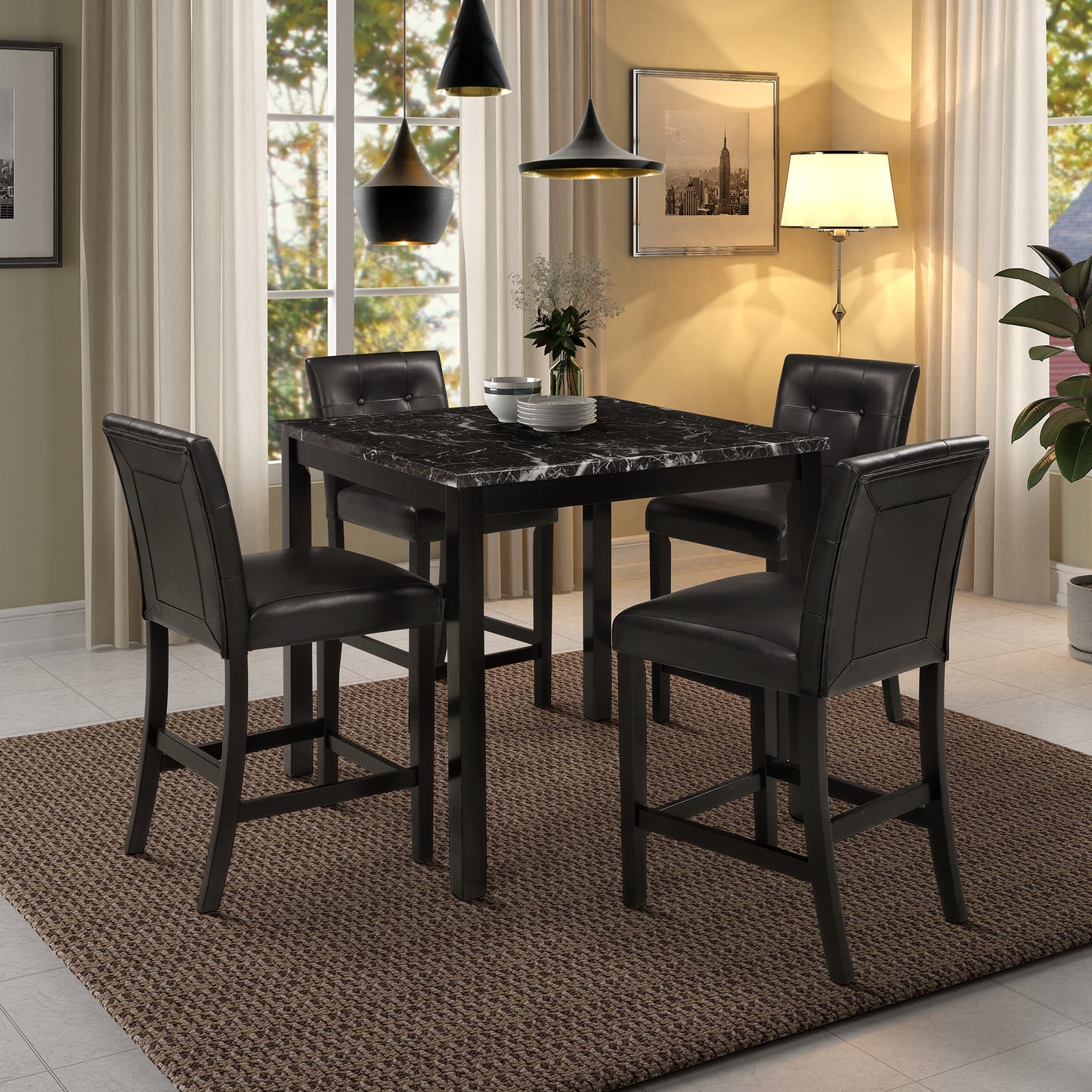 Kitchen Table Set Marble Top Counter Height Dining Table Set with 4 Leather-Upholstered Chairs